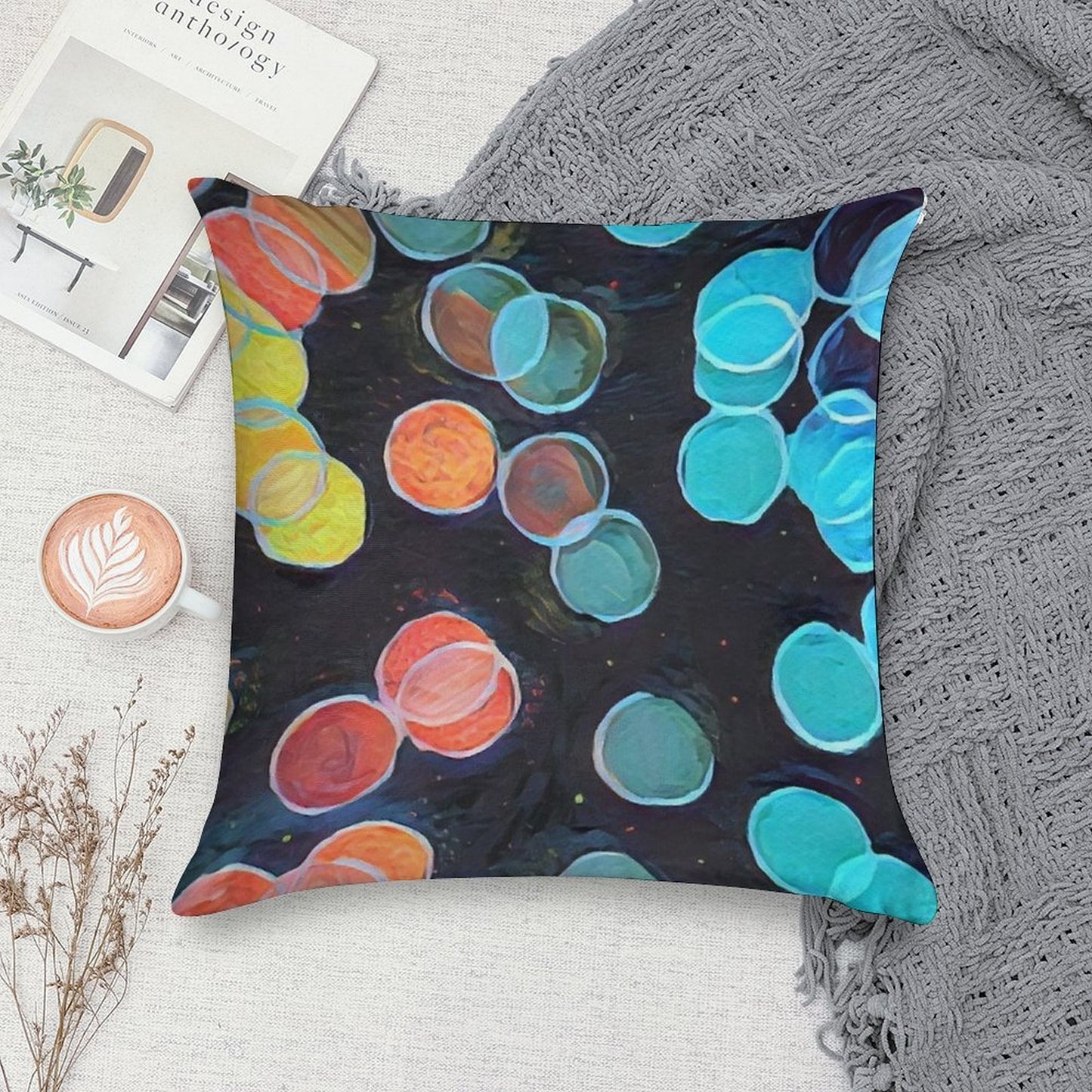 Colorful Bubbles – Abstract Modern Wall Art on Black Background Soft Ultra-Soft Texture Throw Pillow