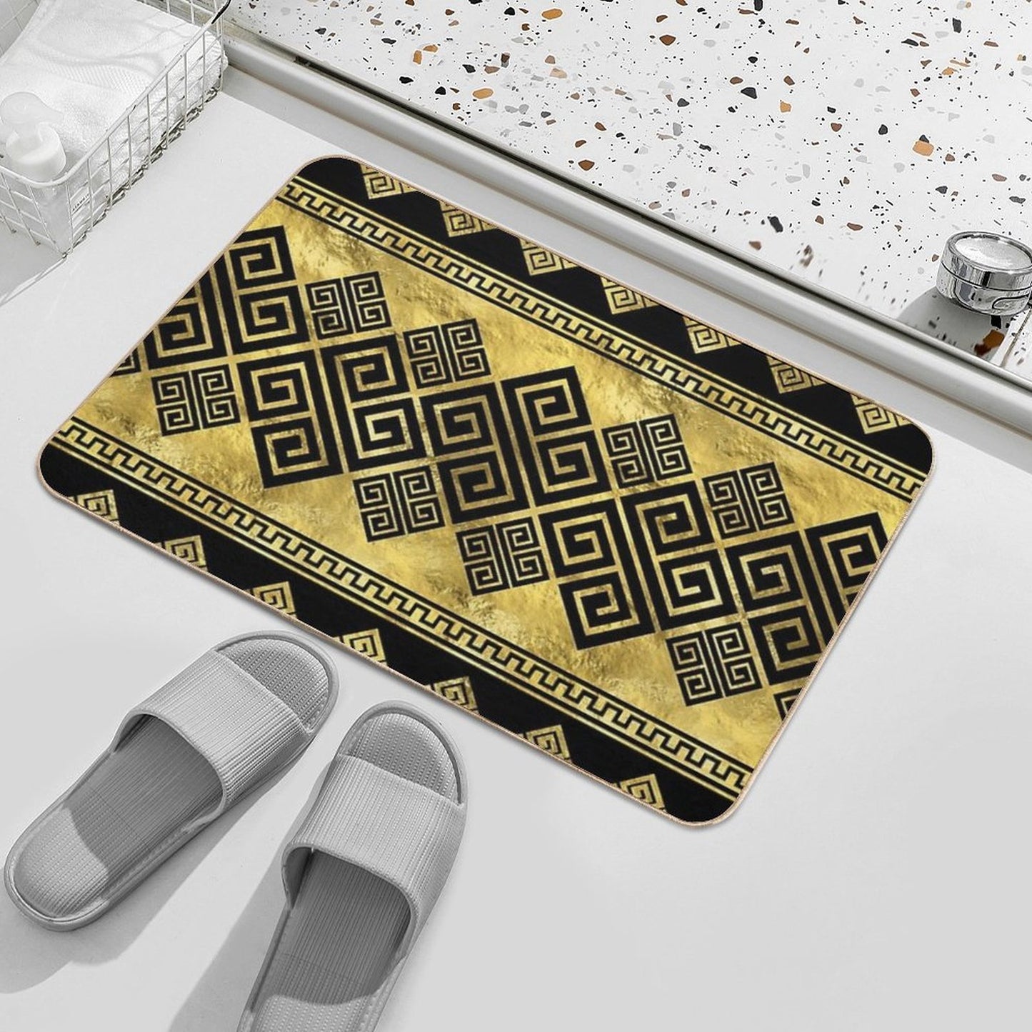 Greek Meander - Greek Key Black And Gold  Easy Maintenance Bath Mat