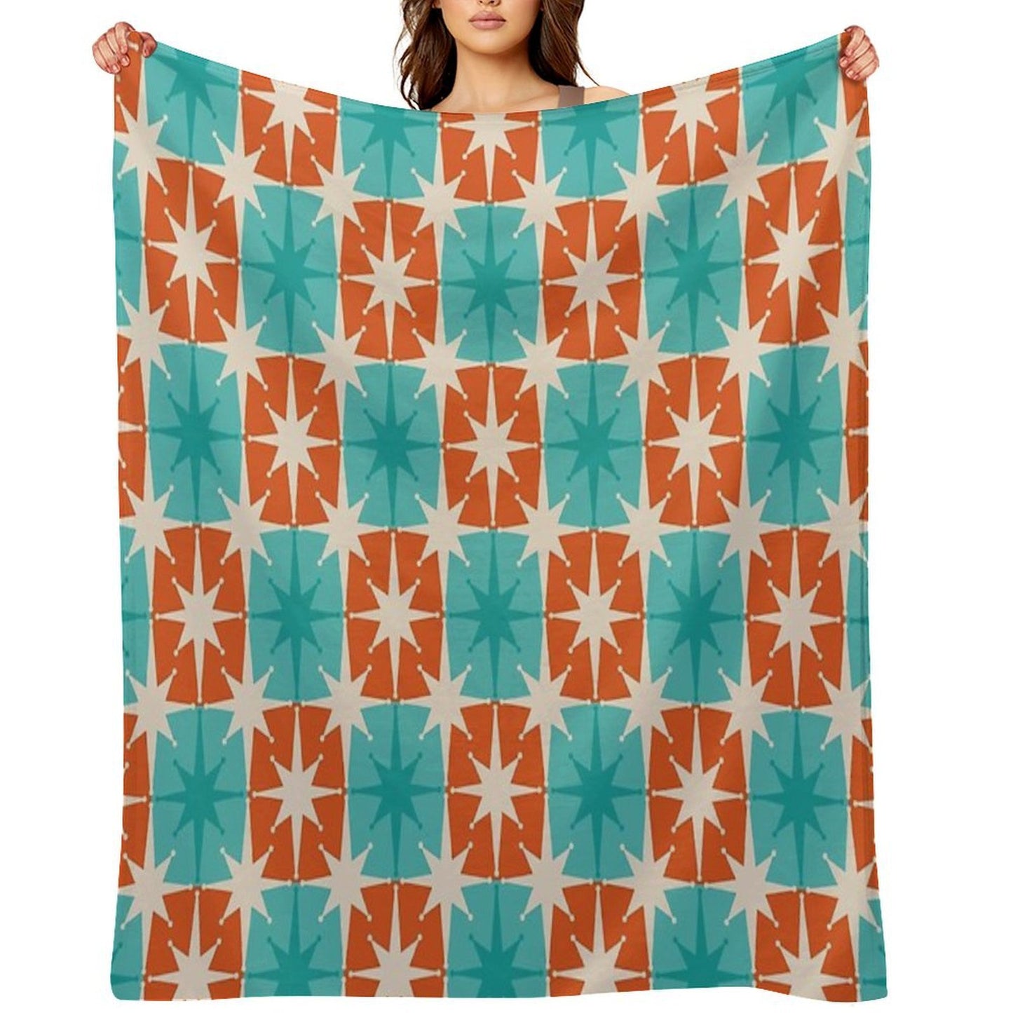 Mid Century Modern Atomic Stars Retro Checkered Starburst Pattern in Teal Turquoise Orange Shrink-resistant Throw Blanket
