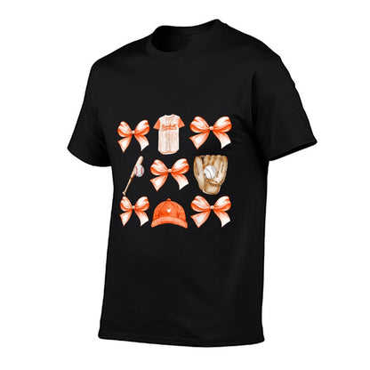 Baseball Game Day Orange Coquette Bow Baseball Mom Retro  Rolled Sleeves T-Shirt