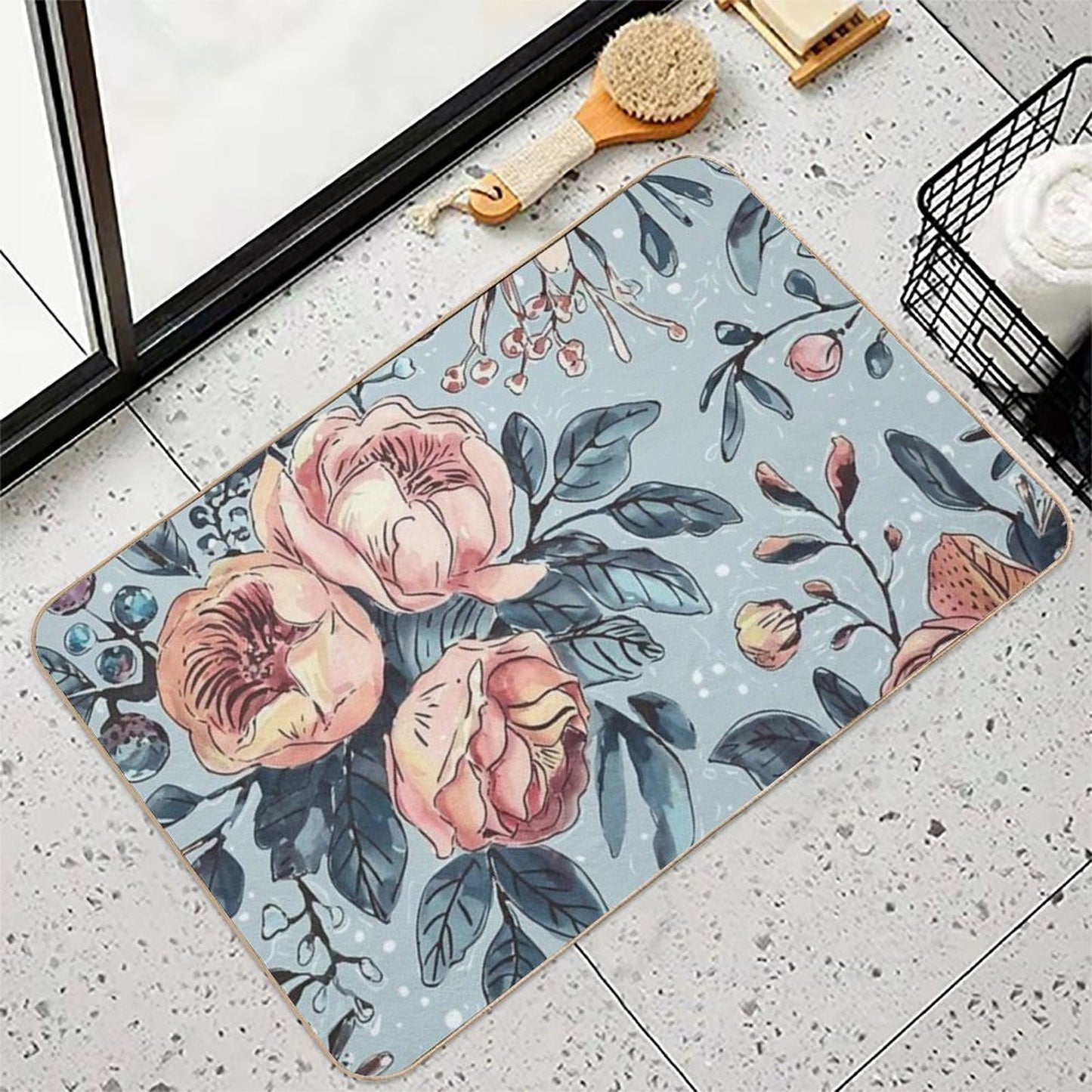 Organic Hand-Drawn Watercolor Floral Design  Non-Slip Bath Mat