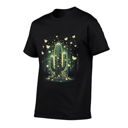 Womens Firefly Glow Cactus - Mystical Forest Night  Ribbed Collar T-Shirt