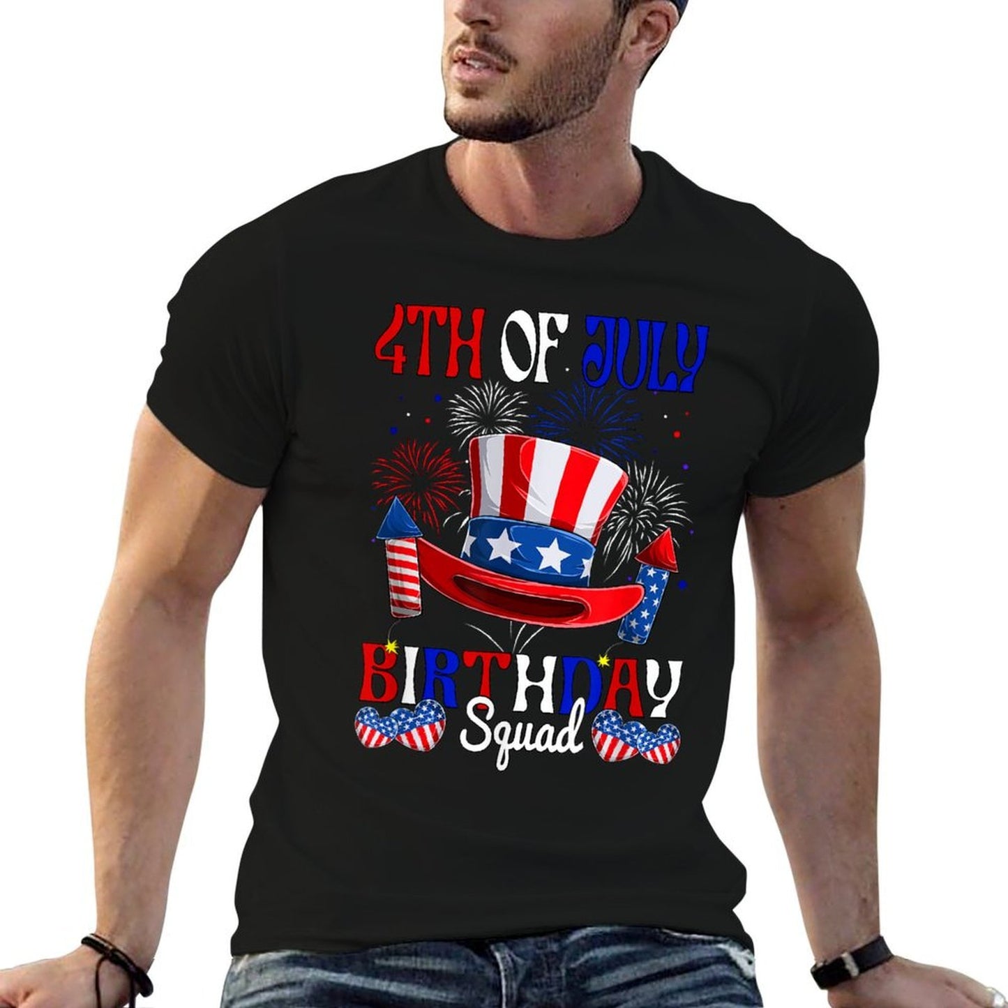 4th Of July Birthday Squad US Fireworks Patriotic Team  Rolled Sleeves T-Shirt