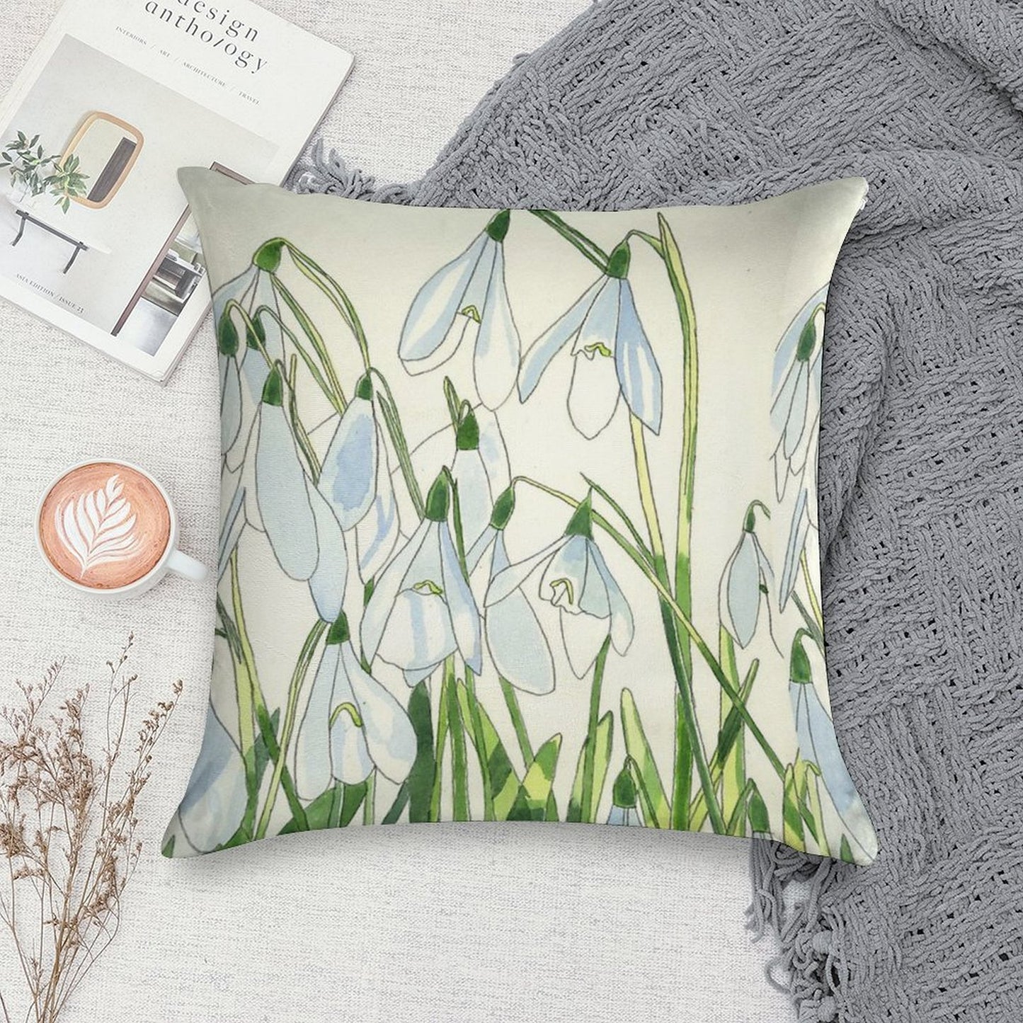 Snowdrops Watercolour Painting Soft High-Density Material Throw Pillow