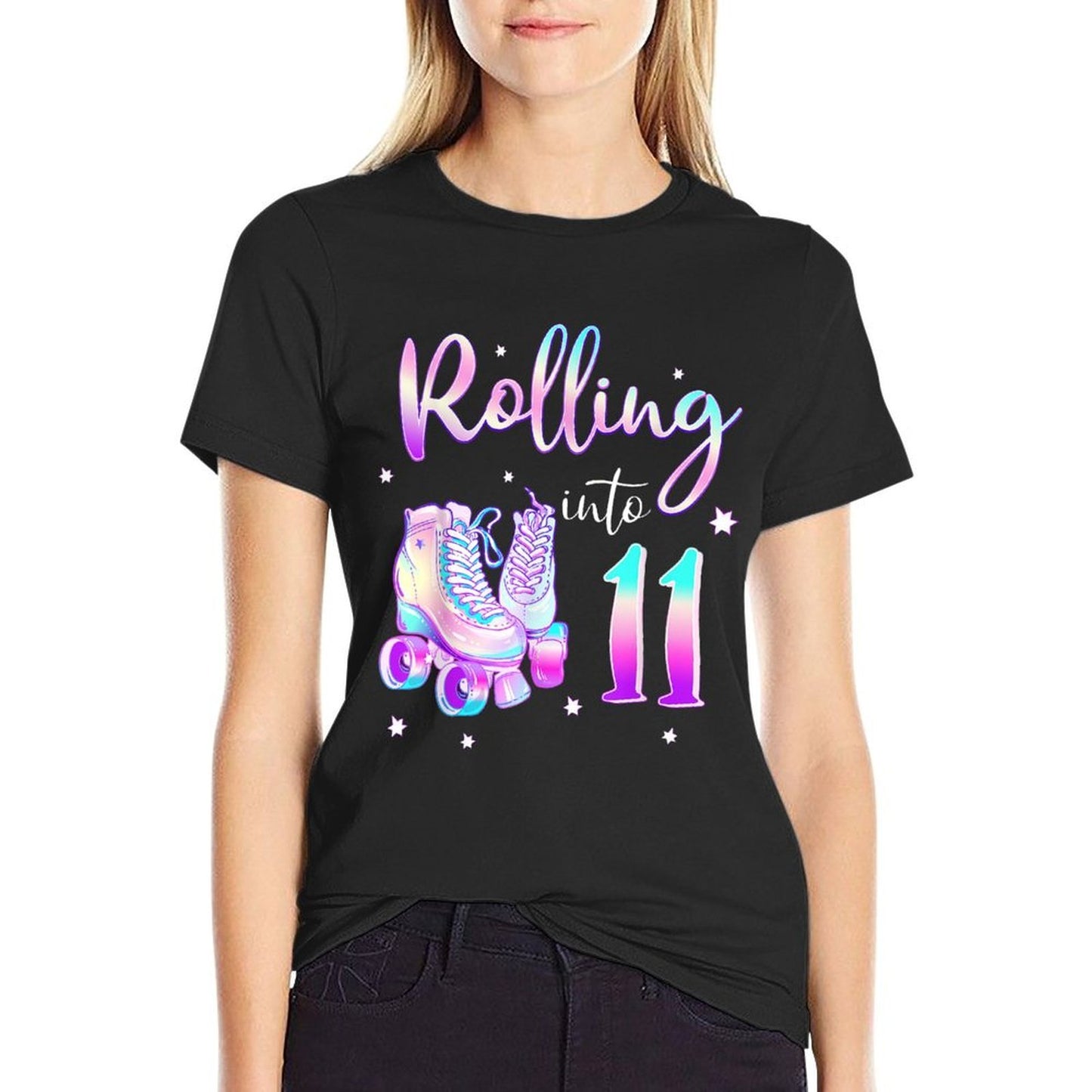 Kids 11 Years Old Birthday Girl Rolling Into 11th Bday Theme  Trendy Pattern T-Shirt