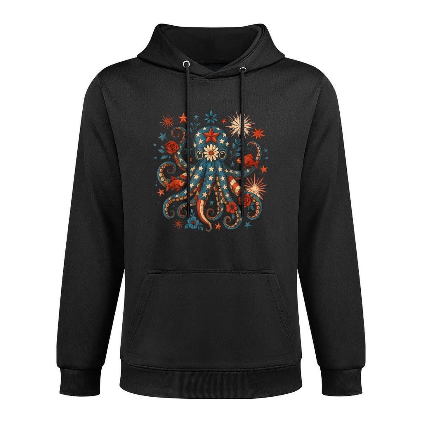 Vintage Floral Octopus Patriotic 4th of July Fireworks USA Cotton-Polyester Blend Hoodie