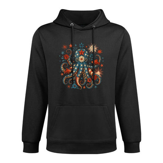 Vintage Floral Octopus Patriotic 4th of July Fireworks USA Cotton-Polyester Blend Hoodie
