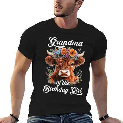 Grandma Of The Birthday Girl Highland Cow Farm Family  Ribbed Collar T-Shirt