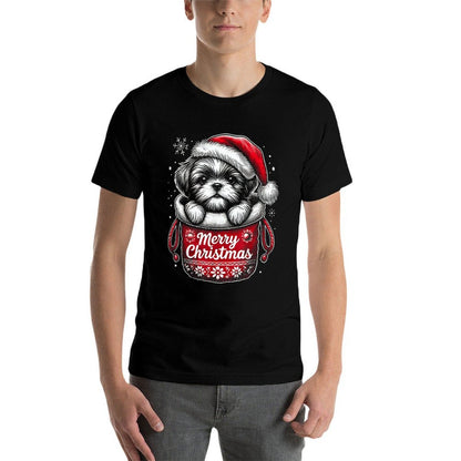 Merry Christmas Shih Tzu Graphic  Summer-ready Fabric T-Shirt
