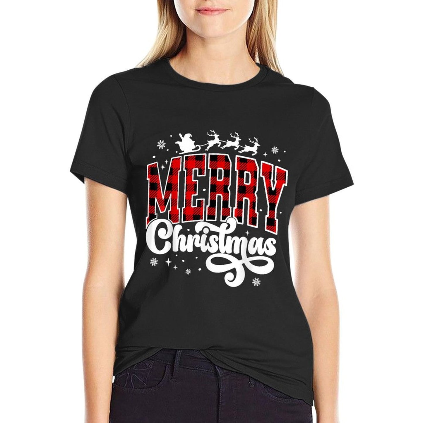 Merry Christmas Buffalo Plaid Red Santa Family Xmas Pajamas  Graphic-printed T-Shirt