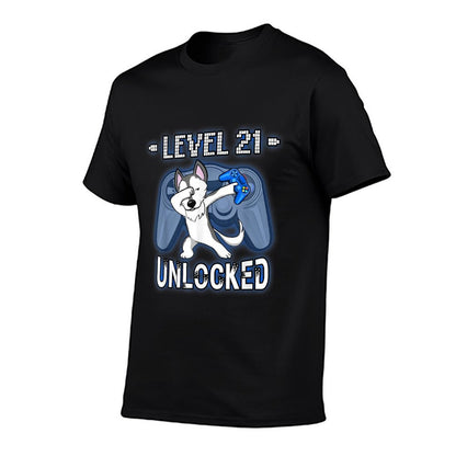 Level 21 Unlocked - Funny Dabbing Husky Gamer 21st Birthday  Wrinkle-resistant T-Shirt