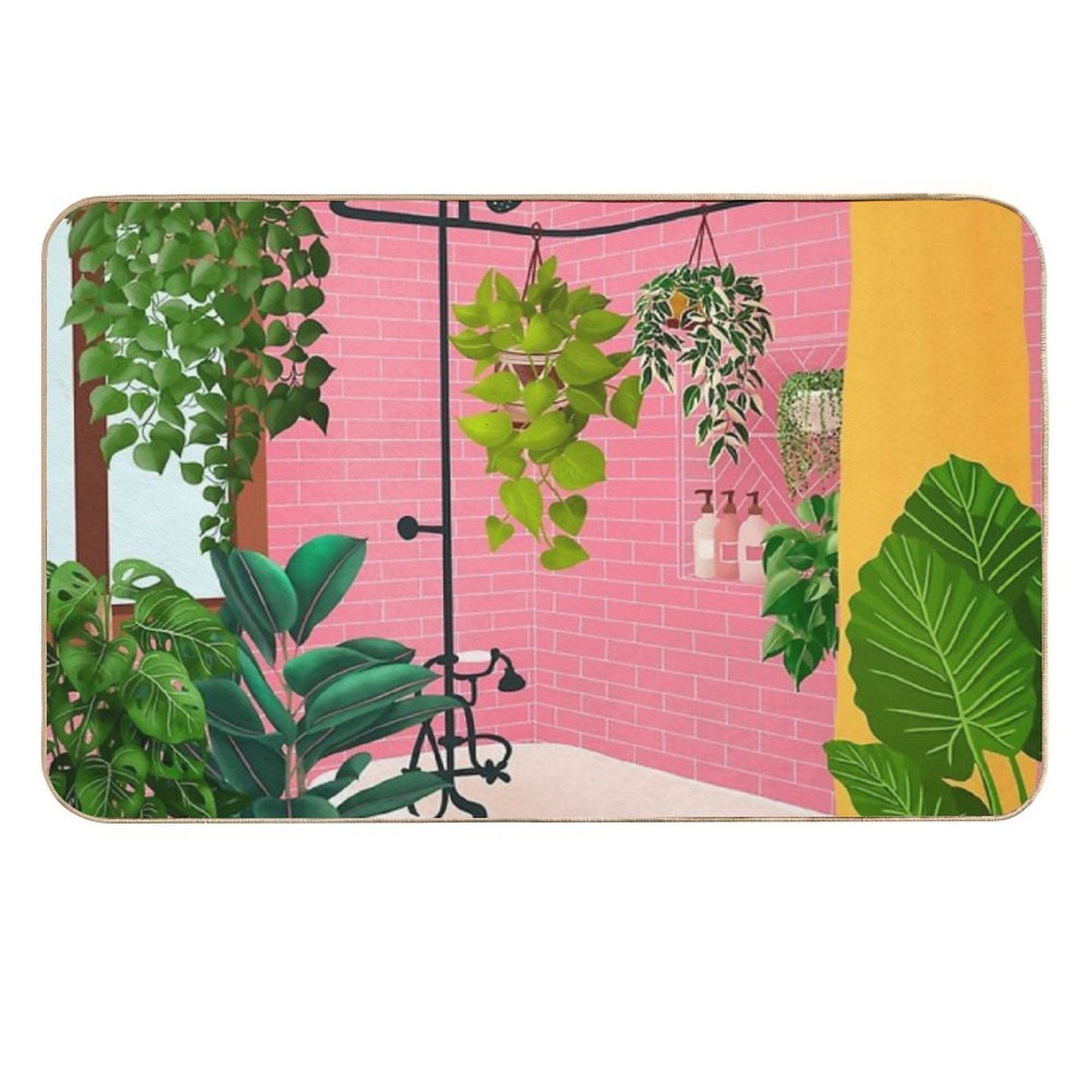 Pink Bathroom With Plants Durable Bath Mat