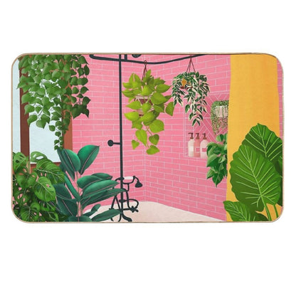 Pink Bathroom With Plants Durable Bath Mat