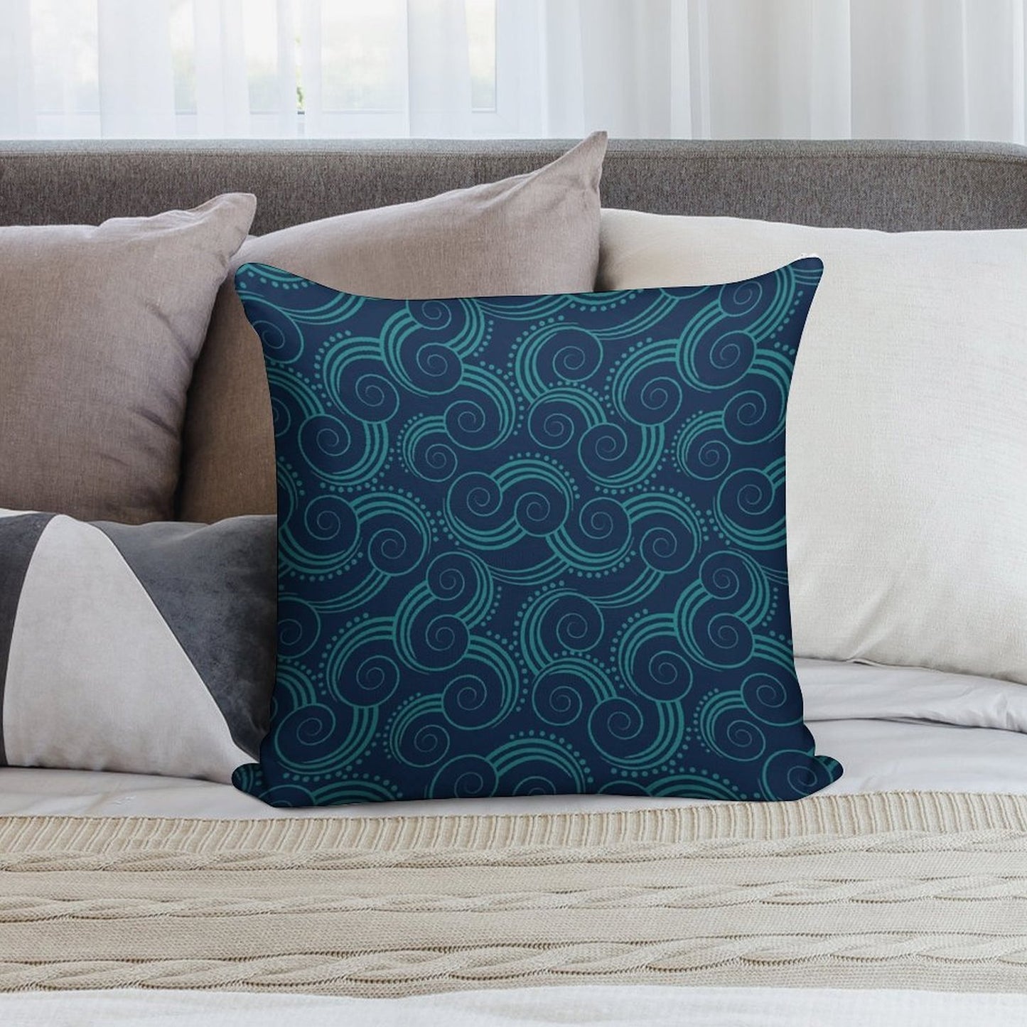 Navy And Teal Ocean Swirls Soft Reinforced Edging Throw Pillow
