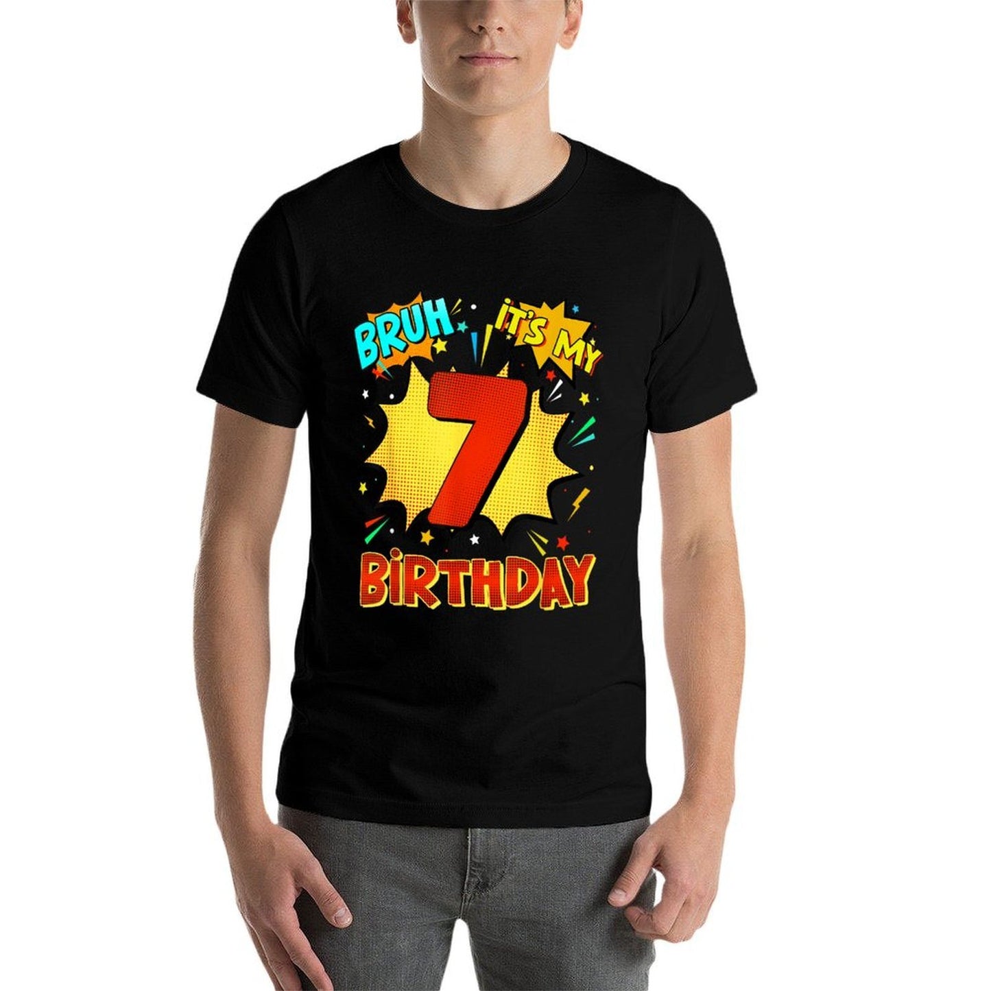 Bruh It's My 7th Birthday 7 Year Old Comic Birthday Party  Ribbed Collar T-Shirt