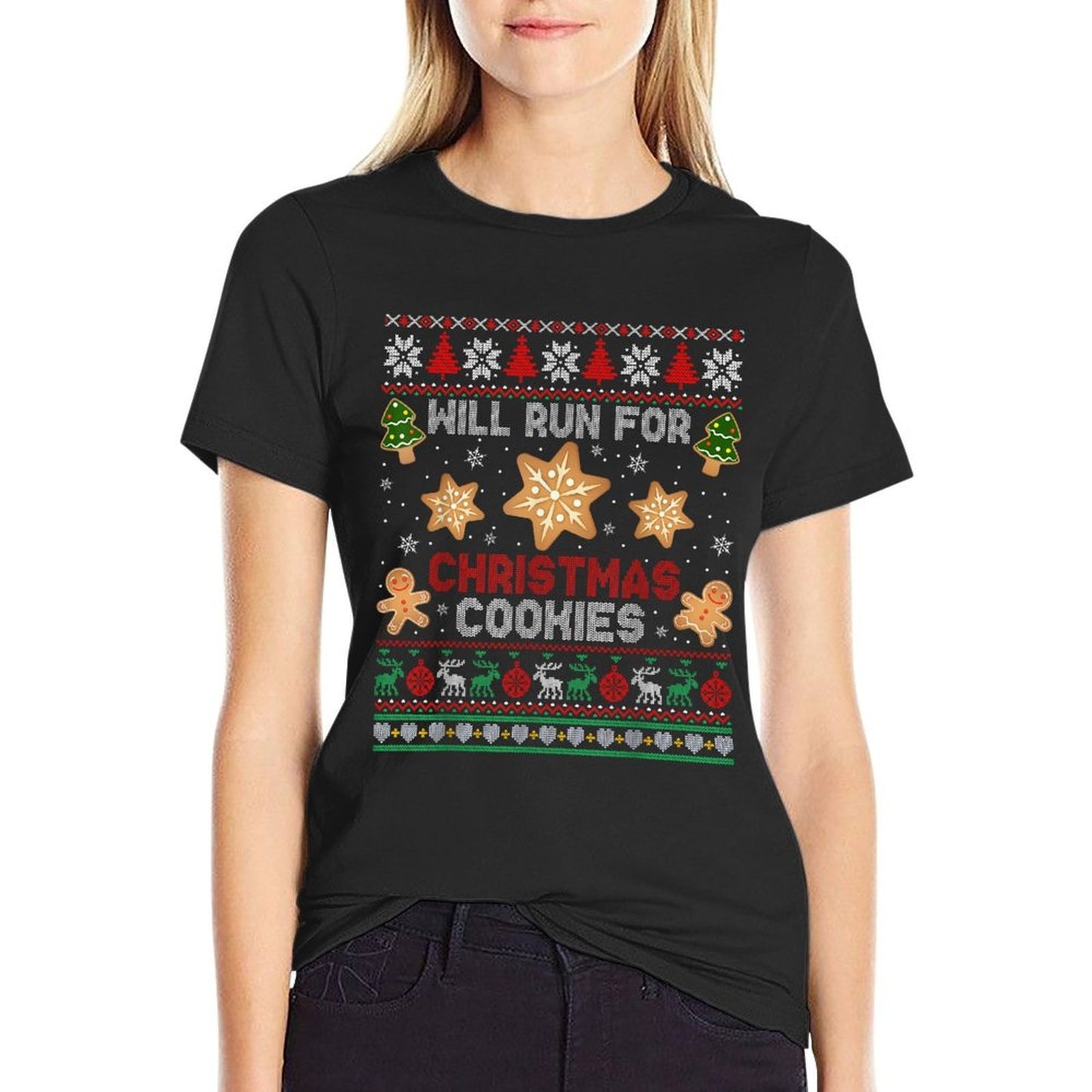 Will Run For Christmas Cookies Gingerbread Lover Ugly Xmas  Slim-fit Cut T-Shirt