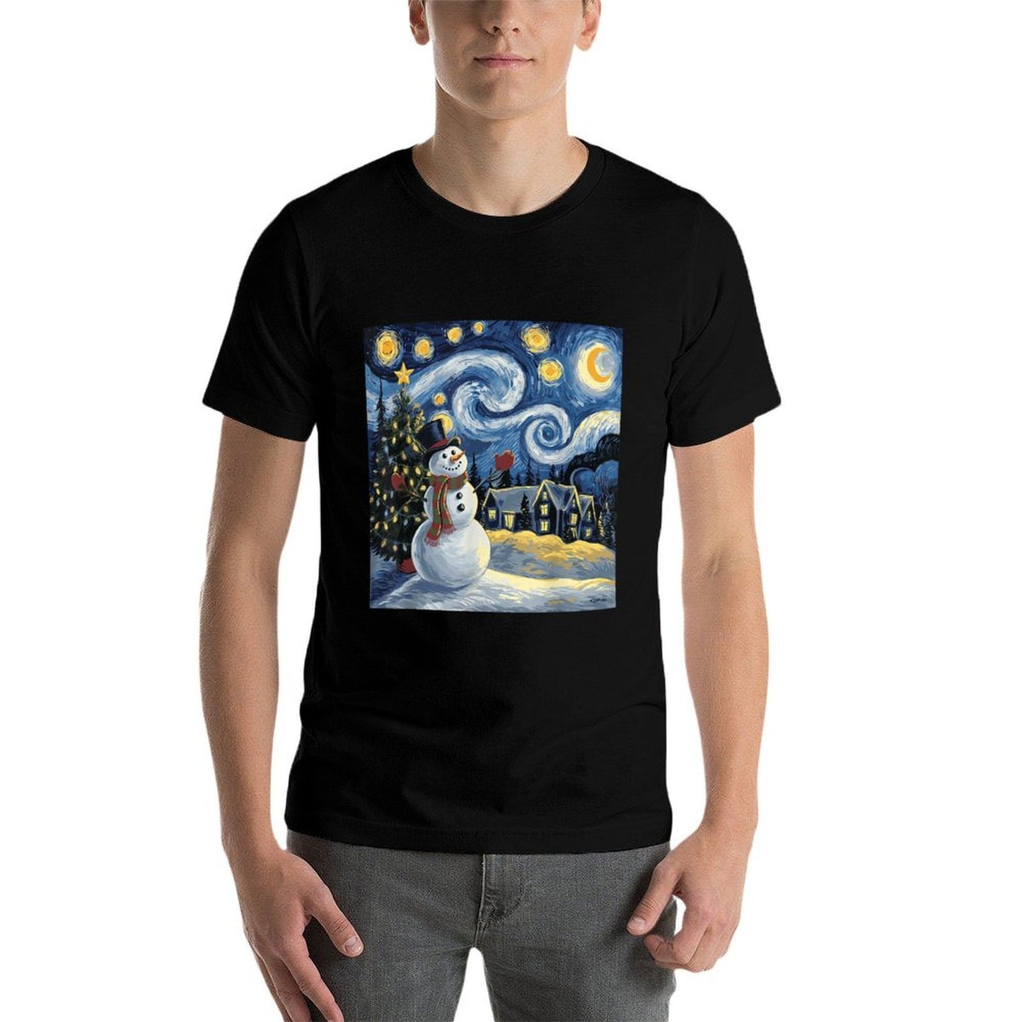 Van Gogh Starry Night Christmas Snowman Winter Snowy Night  Moisture-wicking T-Shirt