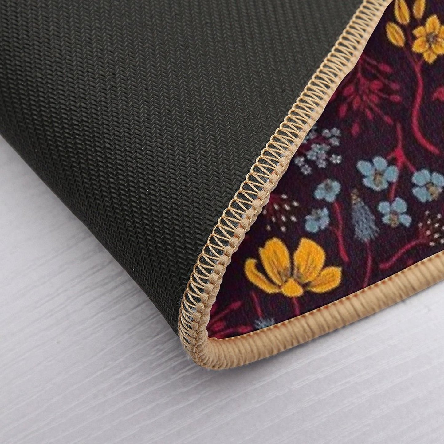 Mustard Yellow, Burgundy & Blue Floral Pattern  Easy Maintenance Bath Mat