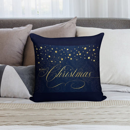 Merry Christmas Navy Blue And Faux Gold Leaf with Stars Soft Reinforced Edging Throw Pillow
