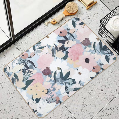 Pink White Floral Watercolor Blue Design  Fade-Resistant Bath Mat