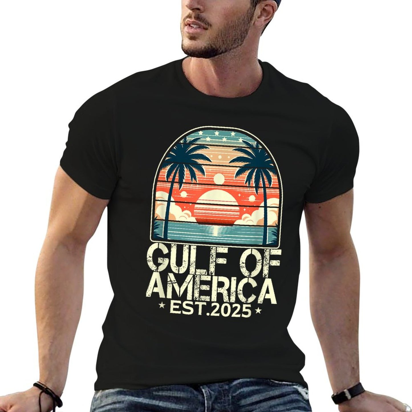 Retro Gulf Of USA America Est 2025 American Flag Gulf Mexico Rolled Sleeves T-Shirt