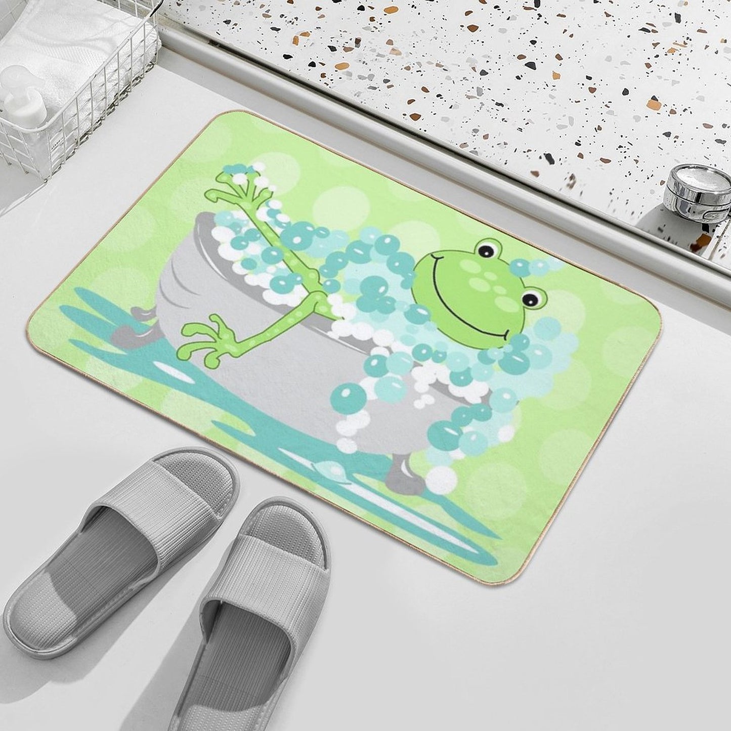 Cute Green Frog in A Bathtub of Bubbles  Dirt-Trapping Bath Mat