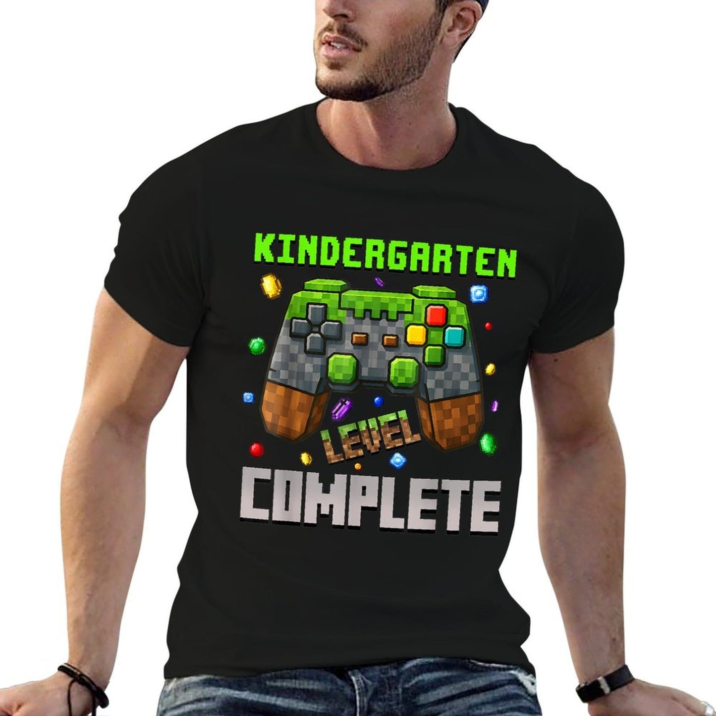 Kindergarten Level Complete Graduation Gamer Pixel  Ribbed Collar T-Shirt