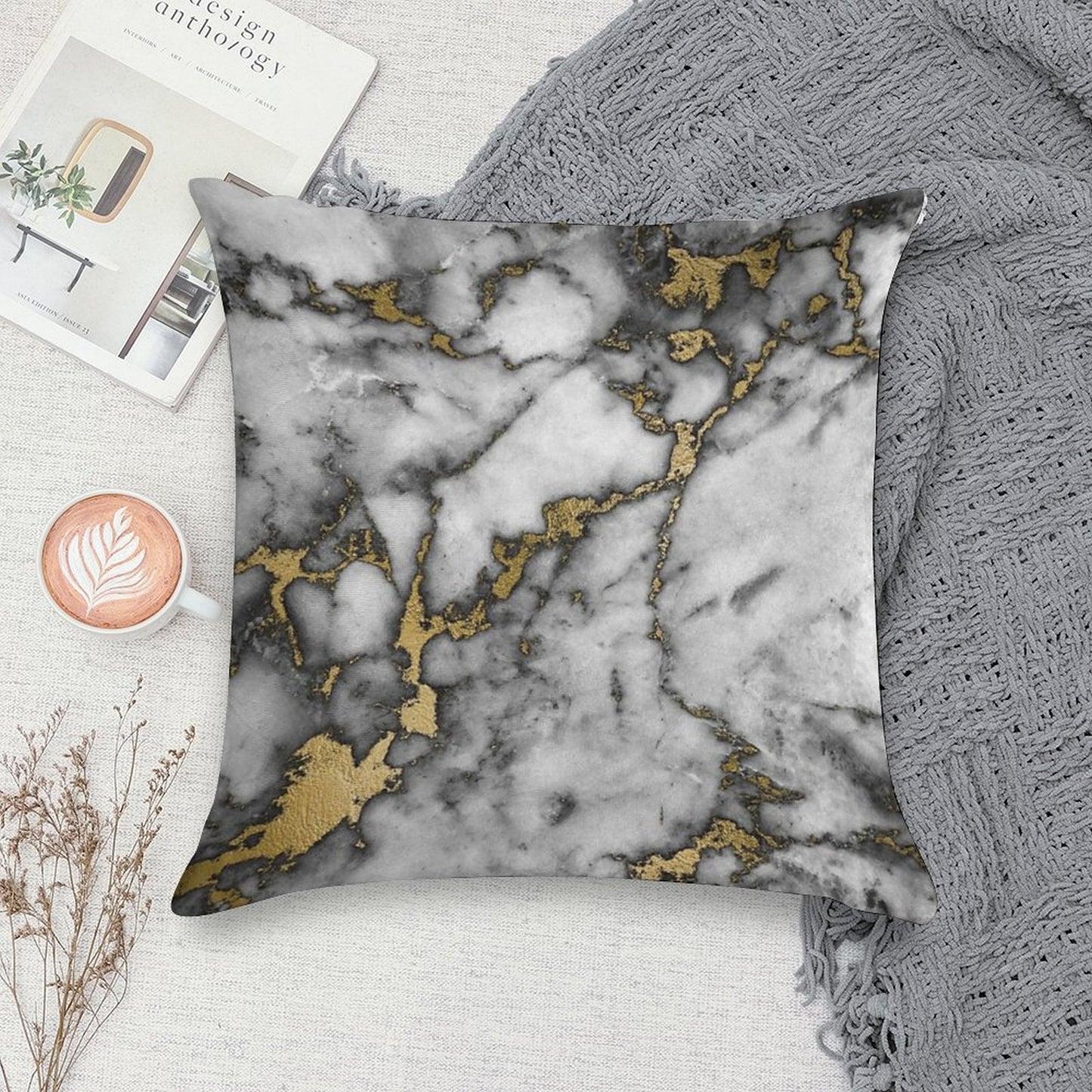 Grey Marble Gold Streaks Phone Case Cover Soft Gift Ready Throw Pillow
