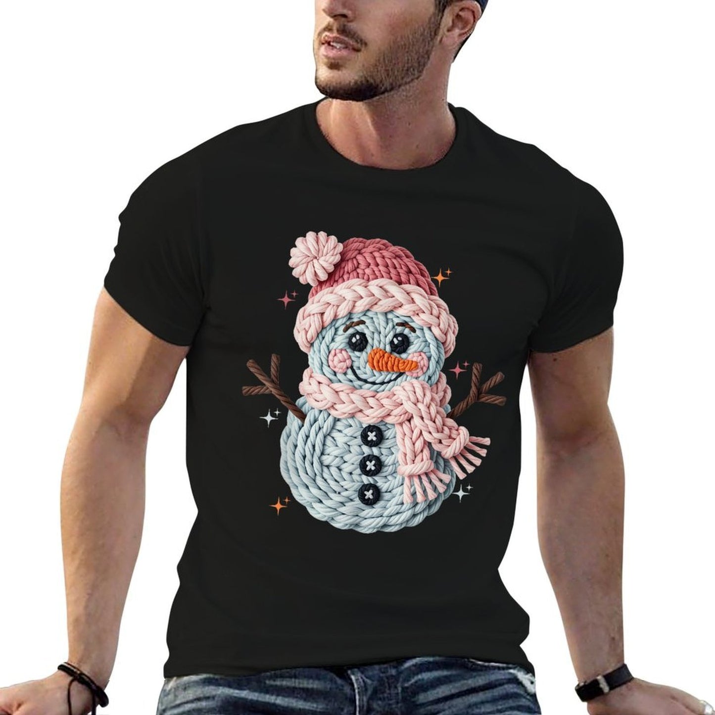 Christmas Crochet Faux Yarn Crochet Snowman Funny Gift  Tagless Design T-Shirt