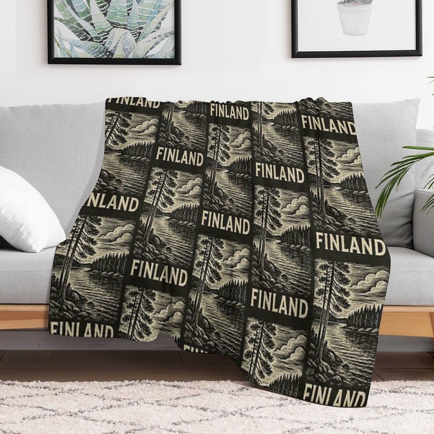 Finland Linocut Style Quick-dry Throw Blanket