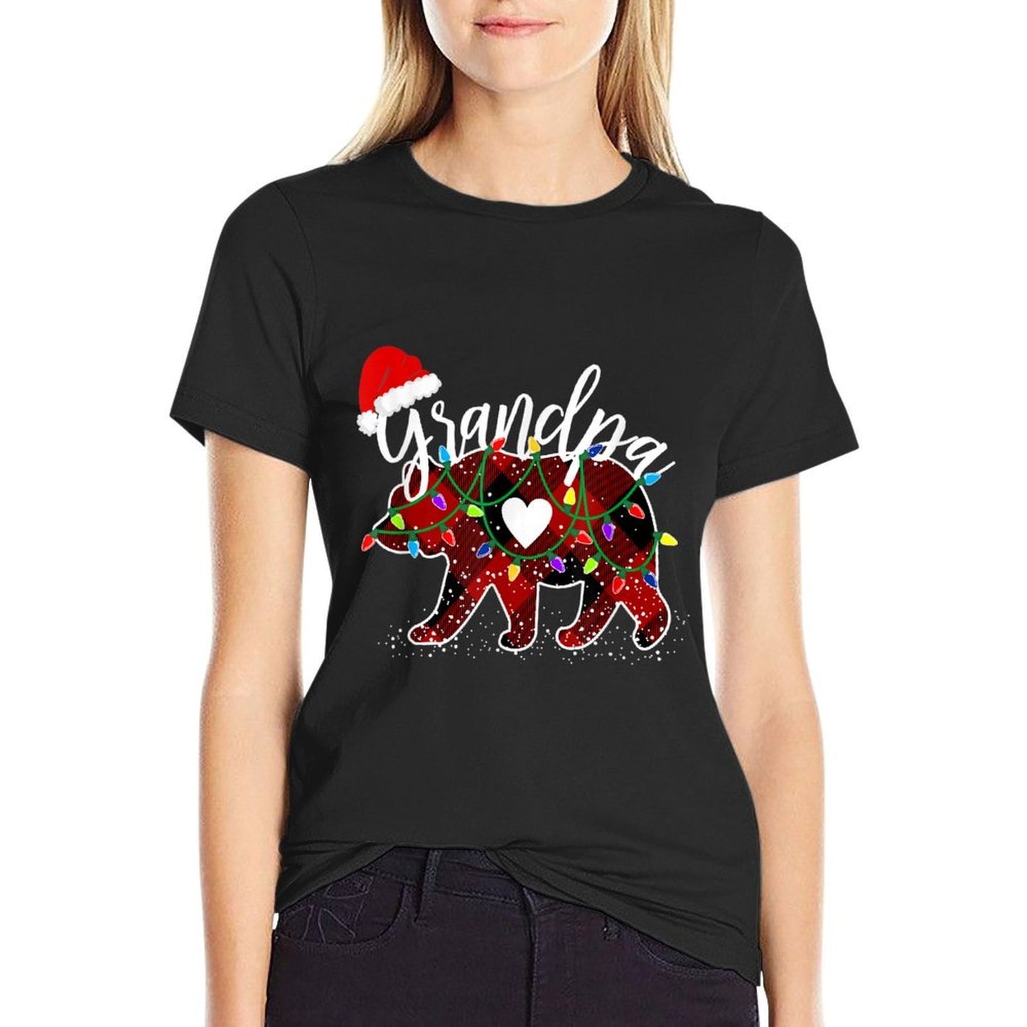 Grandpa Bear Christmas Red Buffalo Plaid Santa Hat Lights  Tagless Design T-Shirt
