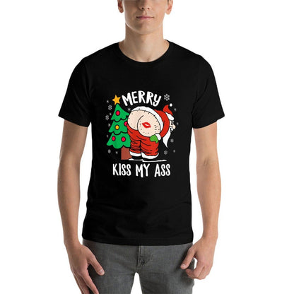 Merry Kiss My Ass Naughty Christmass Funny Santa Claus  Rolled Sleeves T-Shirt