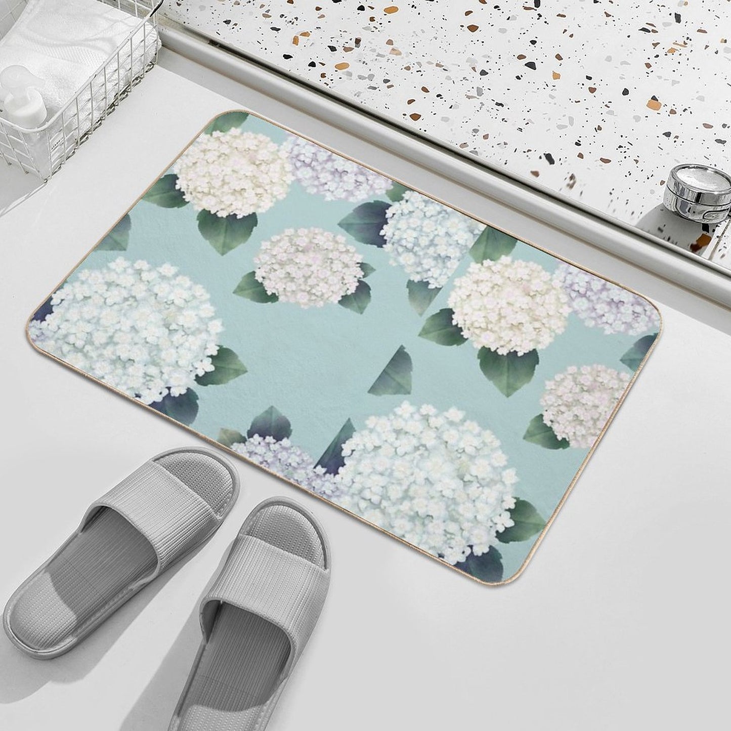 Summer Day, Watercolor White Flower Art, Korean Design  Fade-Resistant Bath Mat