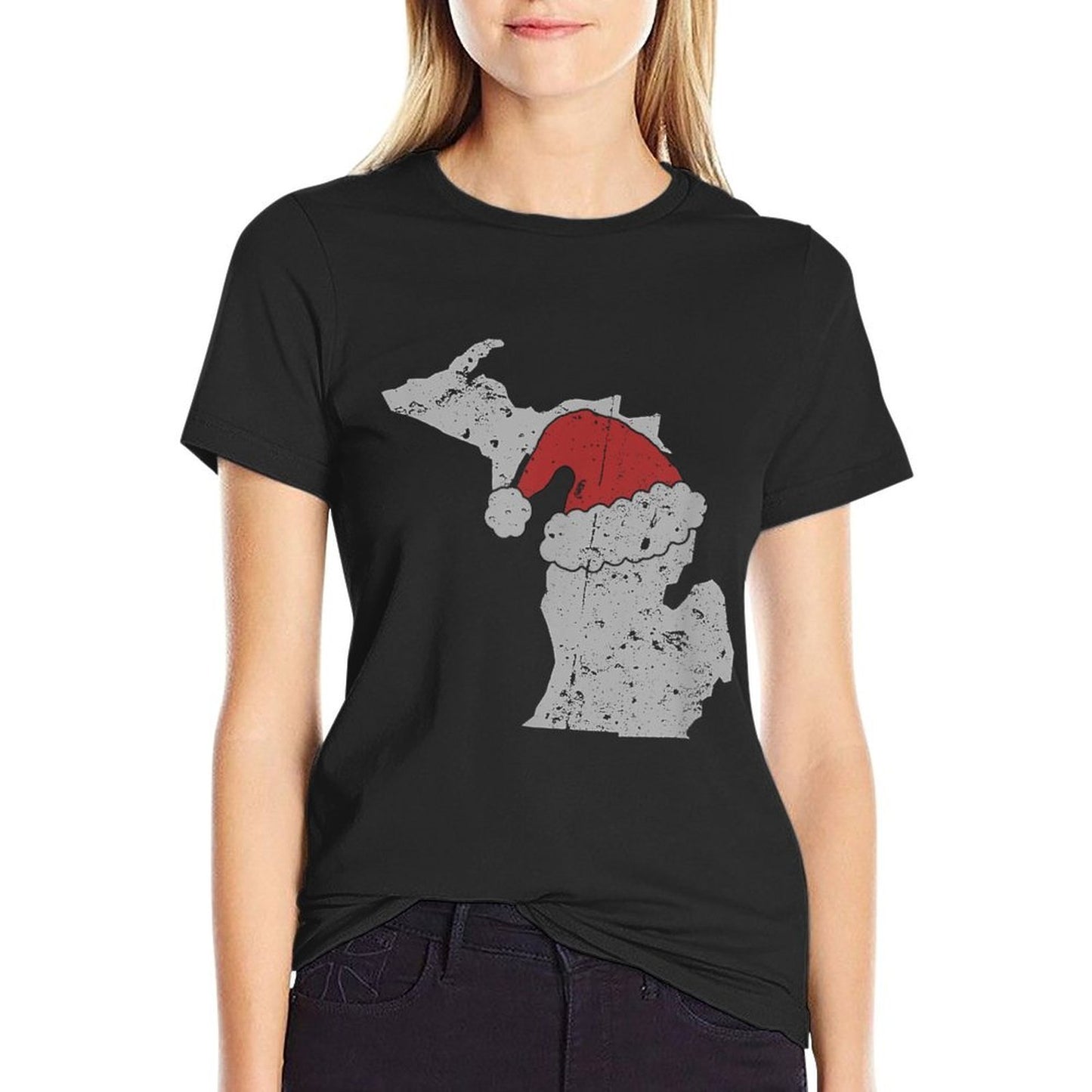 State of Michigan Christmas W Santa Hat Distressed  Vintage-inspired T-Shirt