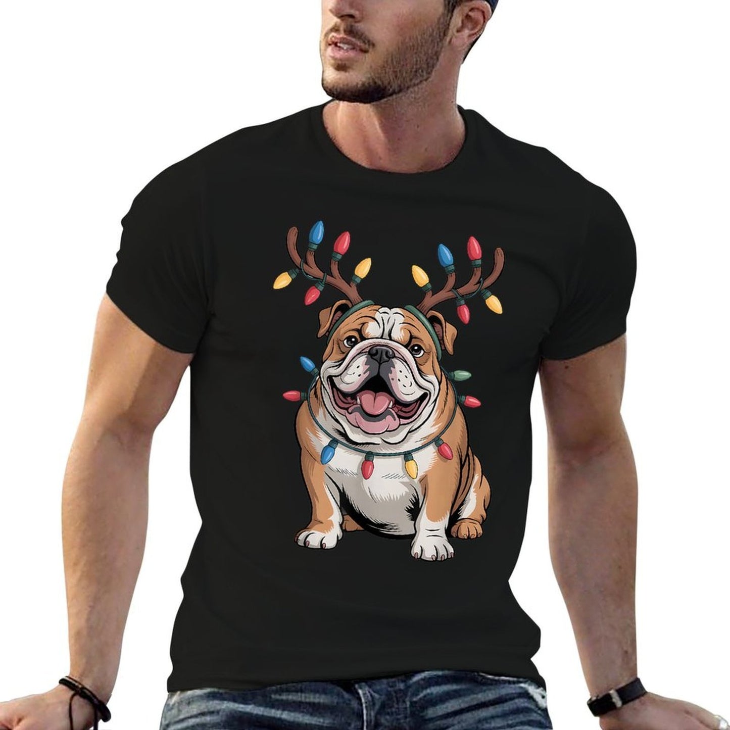 Santa English Bulldog Reindeer Light Christmas  Vintage-inspired T-Shirt