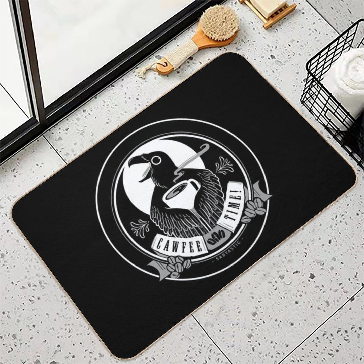 Cawfee Time Crow in White by Sabtastic  Anti-Trip Bath Mat