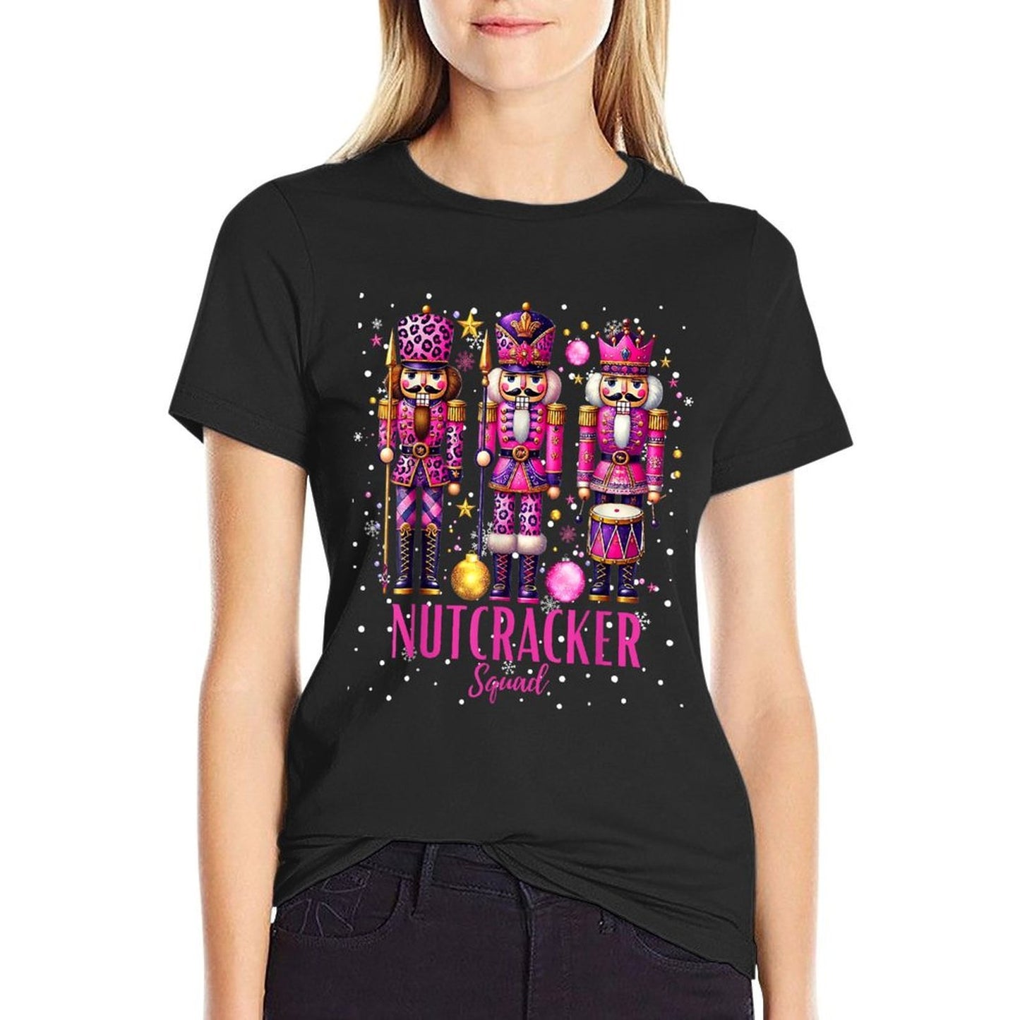 Nutcracker Squad Christmas 2024 Pajamas Girls Women  Ribbed Collar T-Shirt