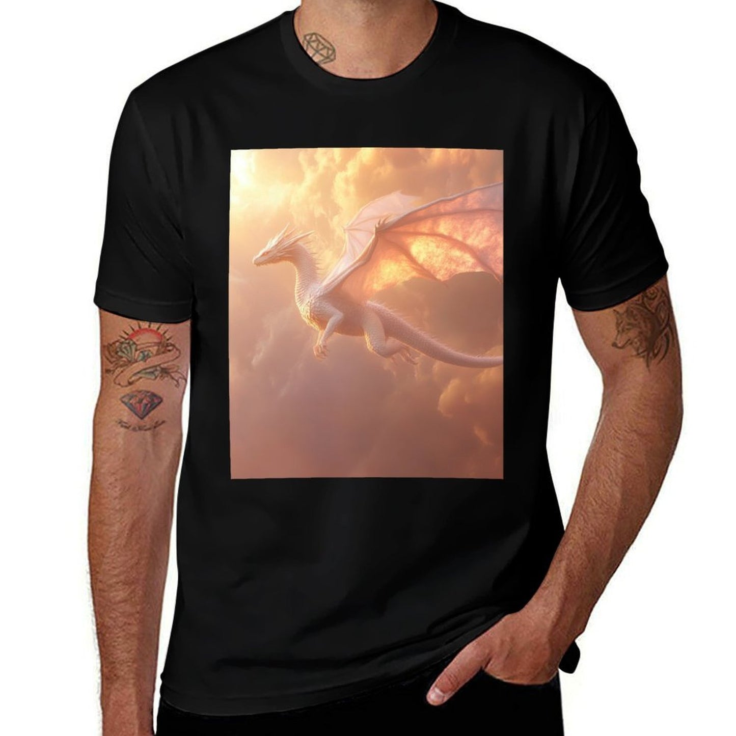 Majestic White Dragon Soaring in Twilight Sky  Fade-proof Color T-Shirt