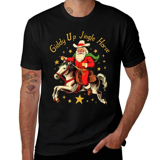 SuminSusi Funny Christmas Giddy Up Jingle Horse Unisex for Men, Women - Black, Small,, Classic Fit, Polyester, Crew Neck, Cartoo  Eco-friendly Material T-Shirt