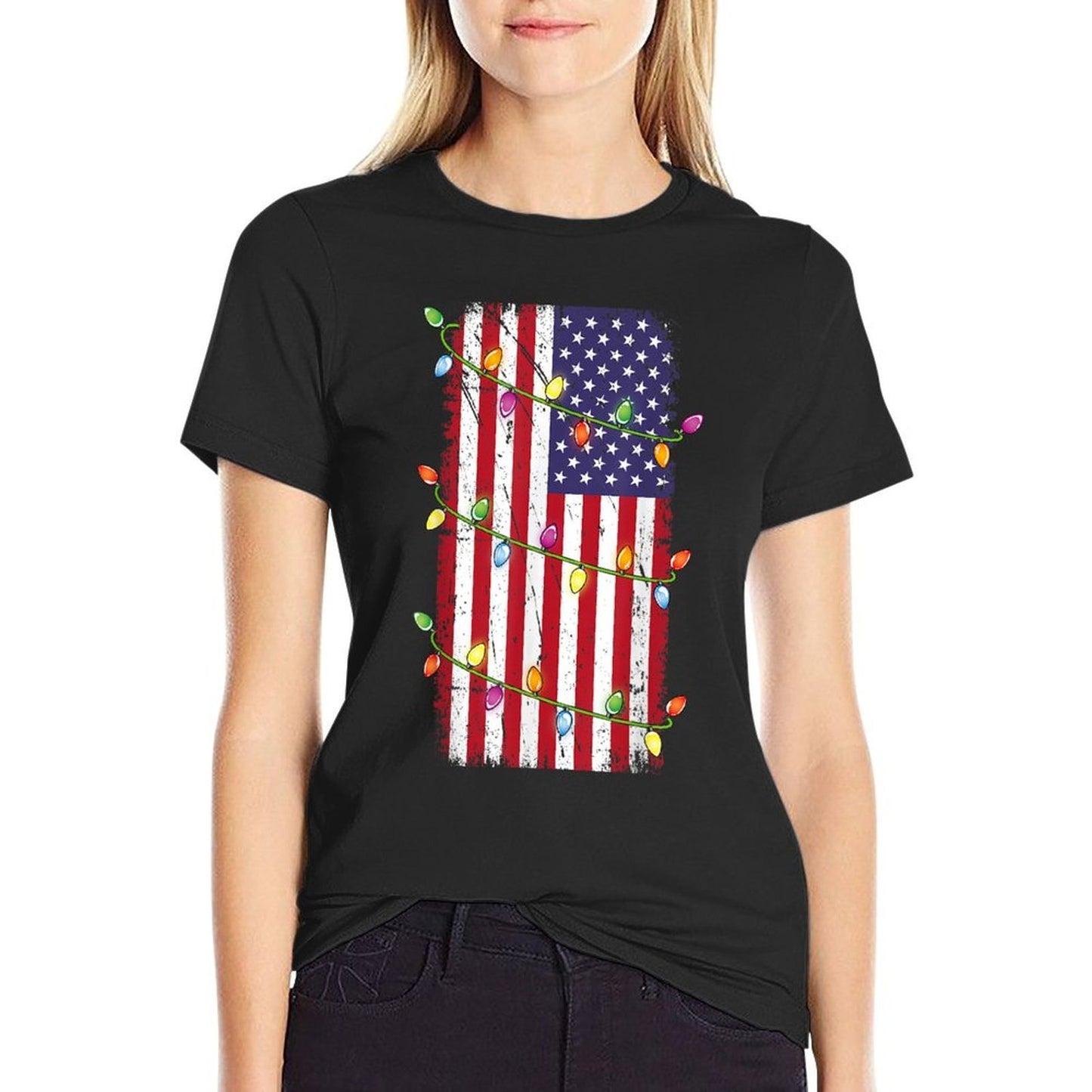 Christmas Lights USA Patriotic Veteran Christmas  Tagless Design T-Shirt