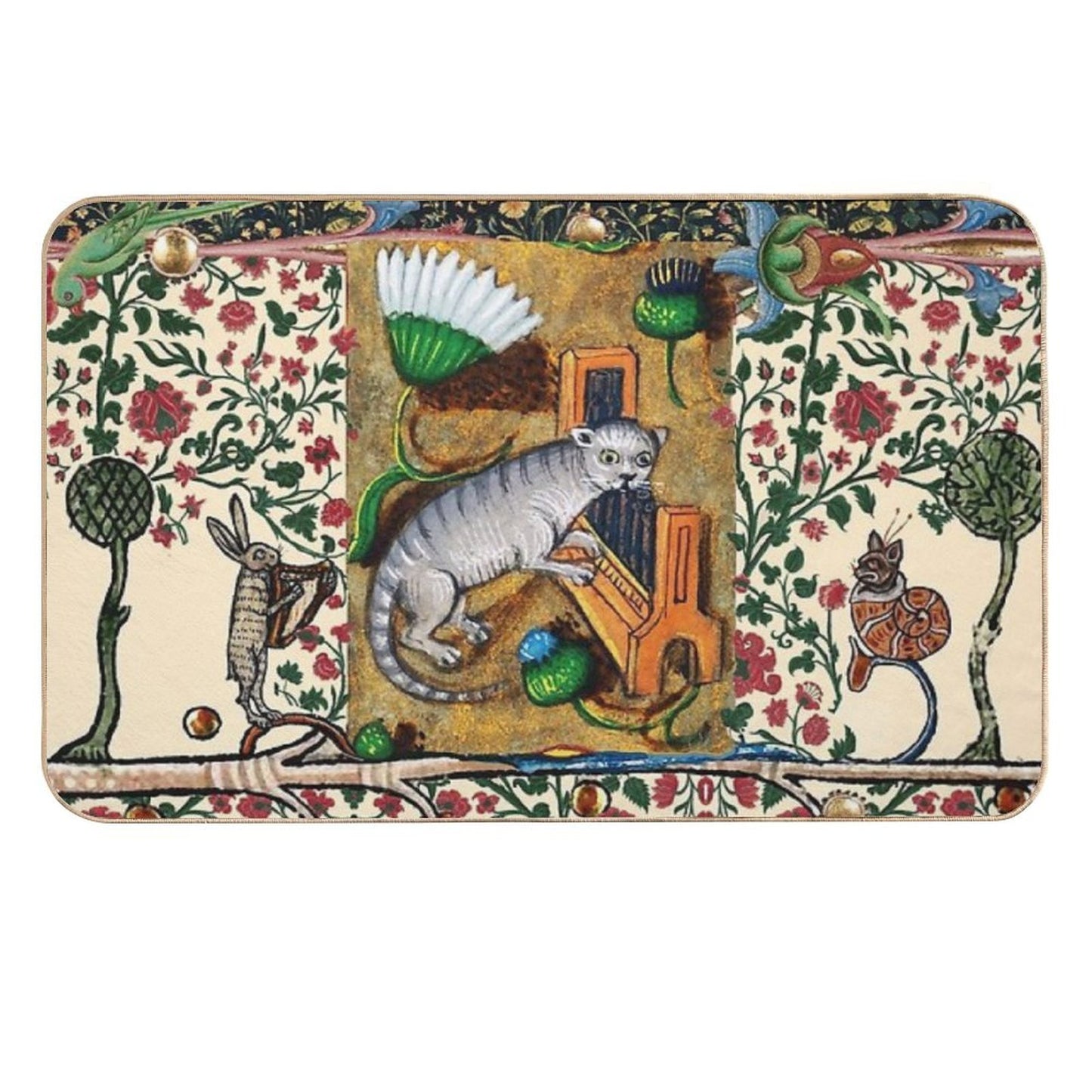 WEIRD MEDIEVAL BESTIARY MAKING MUSIC,Cat Playing Organ,Harpist Rabbit,Snail Cat  Easy To Clean Bath Mat