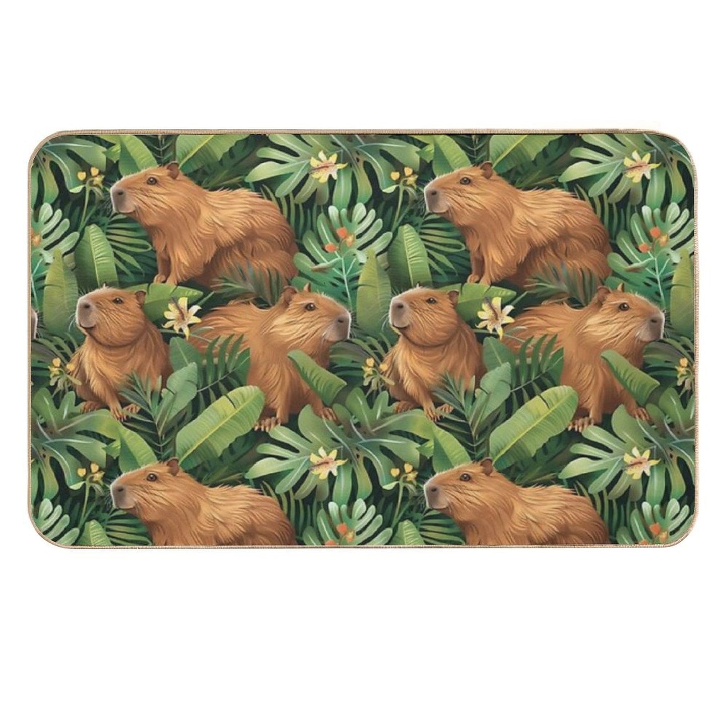 Cute Capybaras Frolic Amidst Lush Tropical Plants  Absorbent Bath Mat