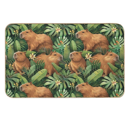 Cute Capybaras Frolic Amidst Lush Tropical Plants  Absorbent Bath Mat