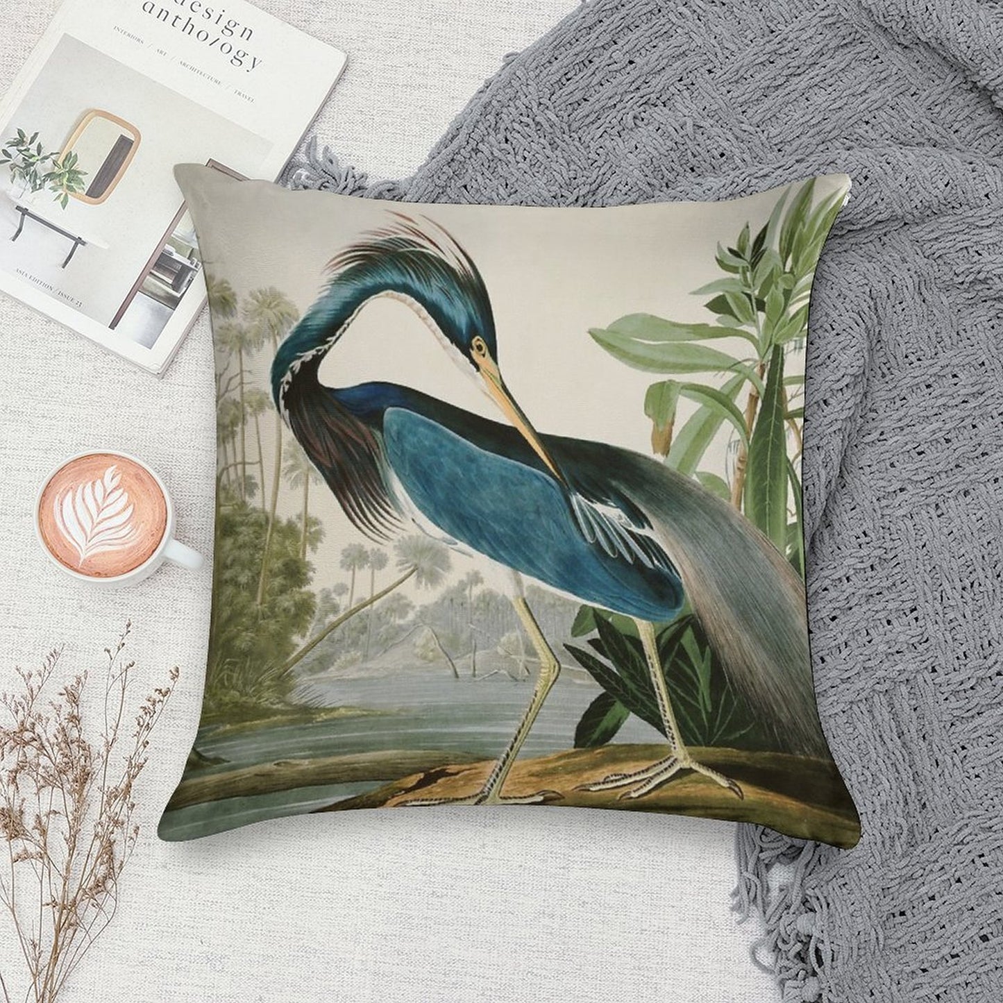Louisiana Heron by John James Audubon Soft Short Plush Fabric Throw Pillow