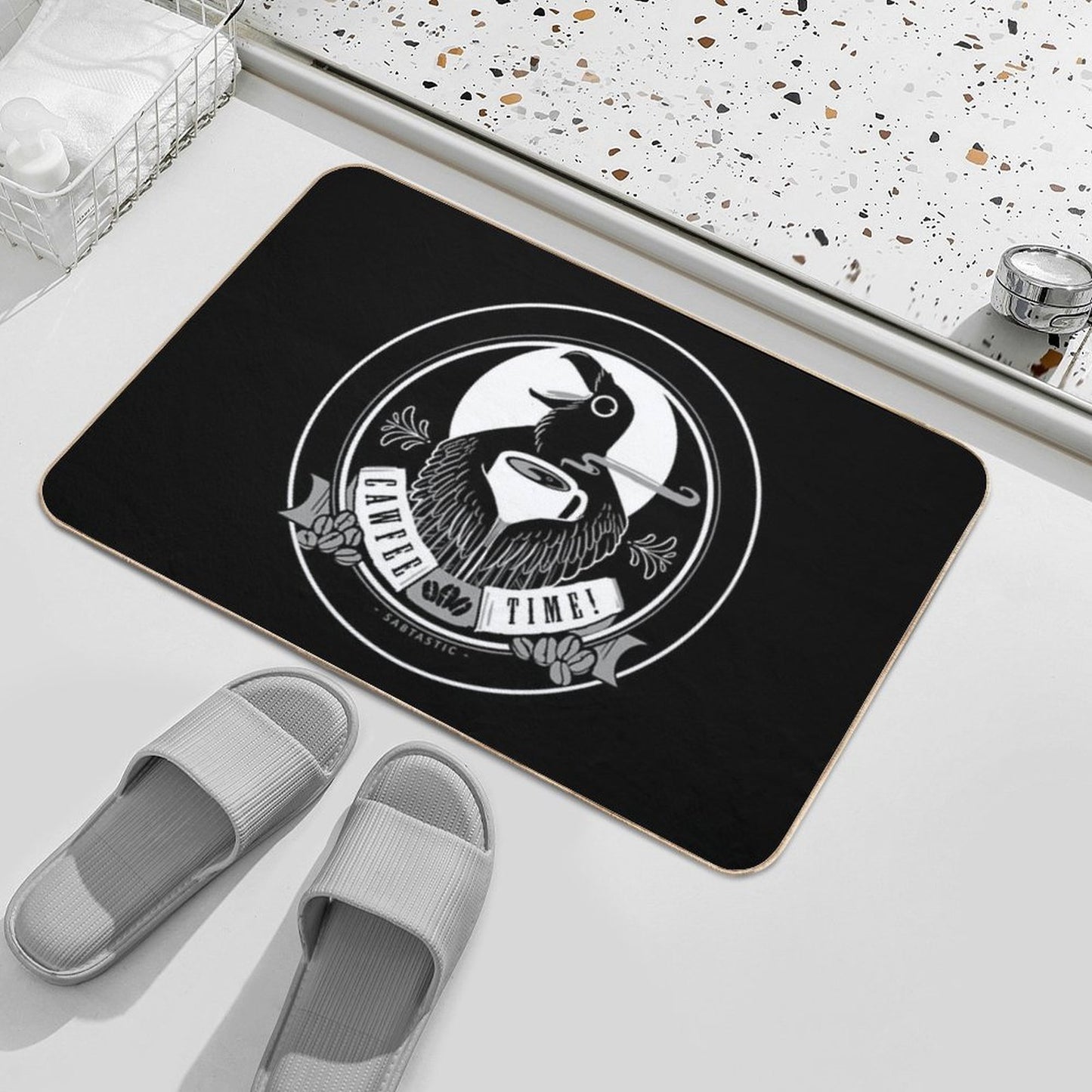 Cawfee Time Crow in White by Sabtastic  Anti-Trip Bath Mat