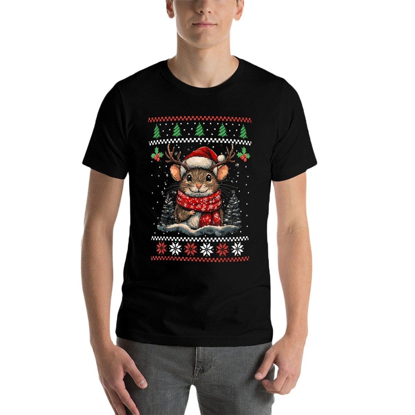 Rat Reindeer Santa Hat Ugly Christmas Sweater Xmas  Slim-fit Cut T-Shirt