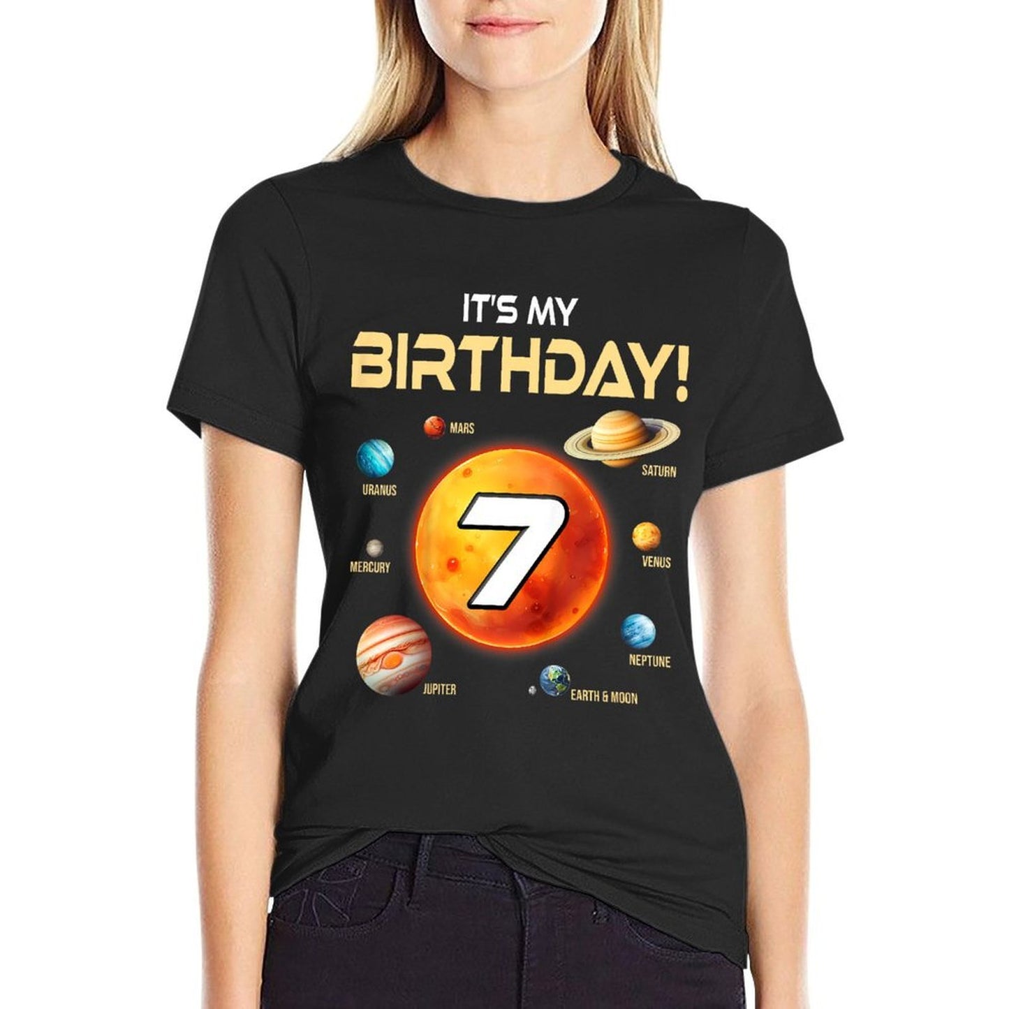 Kids Cute Solar System 7th Birthday Seven Years Old Space Planets  Affordable Price T-Shirt