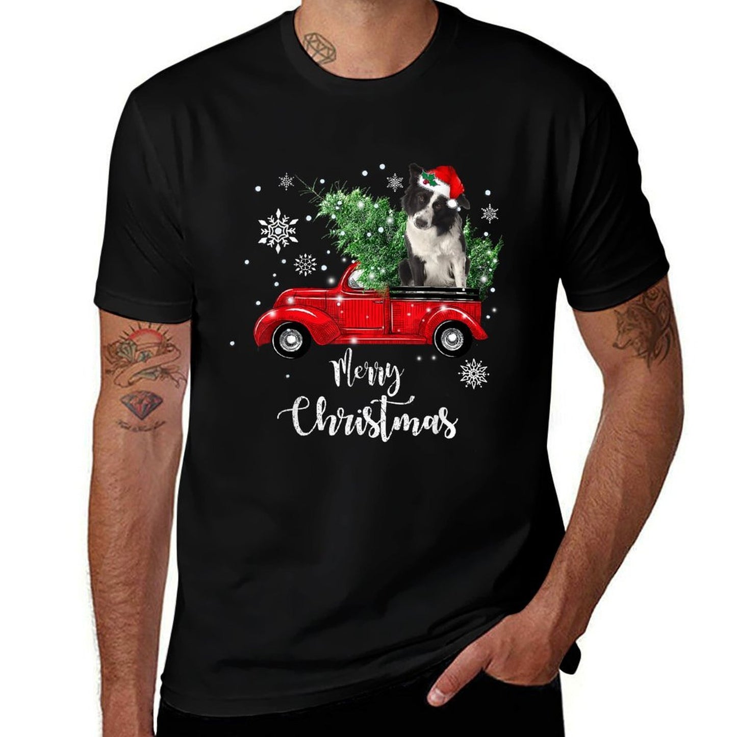 Red Truck Merry Christmas Tree Border Collie Dog Christmas  Ribbed Collar T-Shirt
