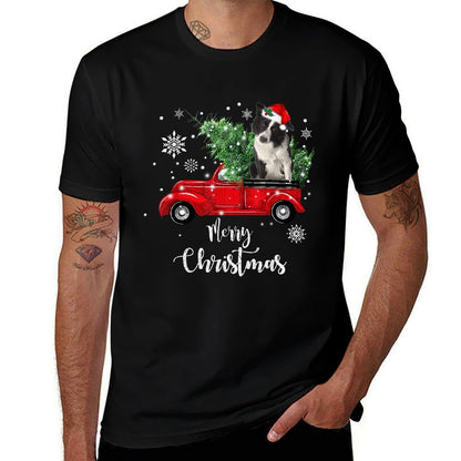 Red Truck Merry Christmas Tree Border Collie Dog Christmas  Ribbed Collar T-Shirt
