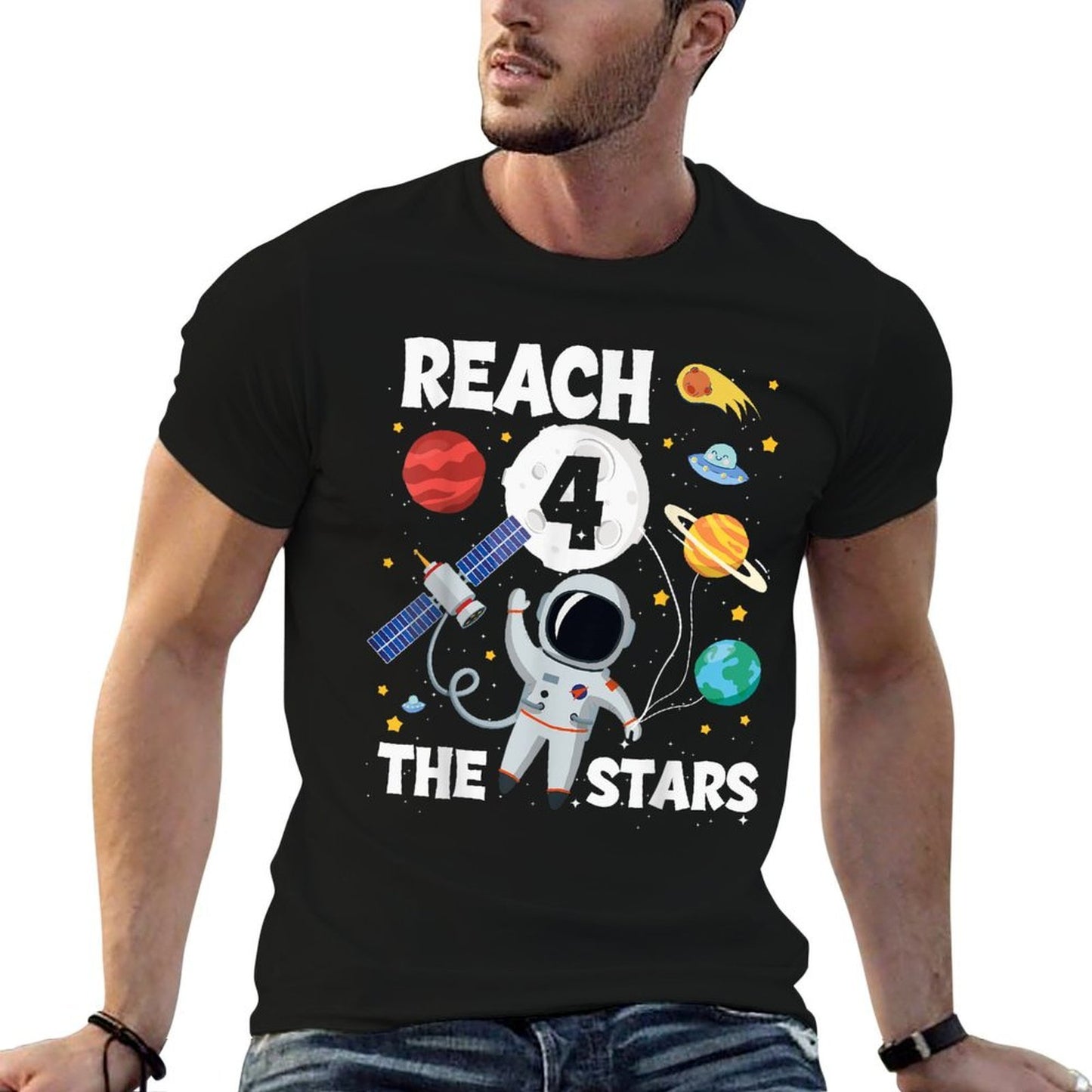 Reach Four The Stars 4 Years Old Birthday Boy Astronaut 4th  Eco-friendly Material T-Shirt